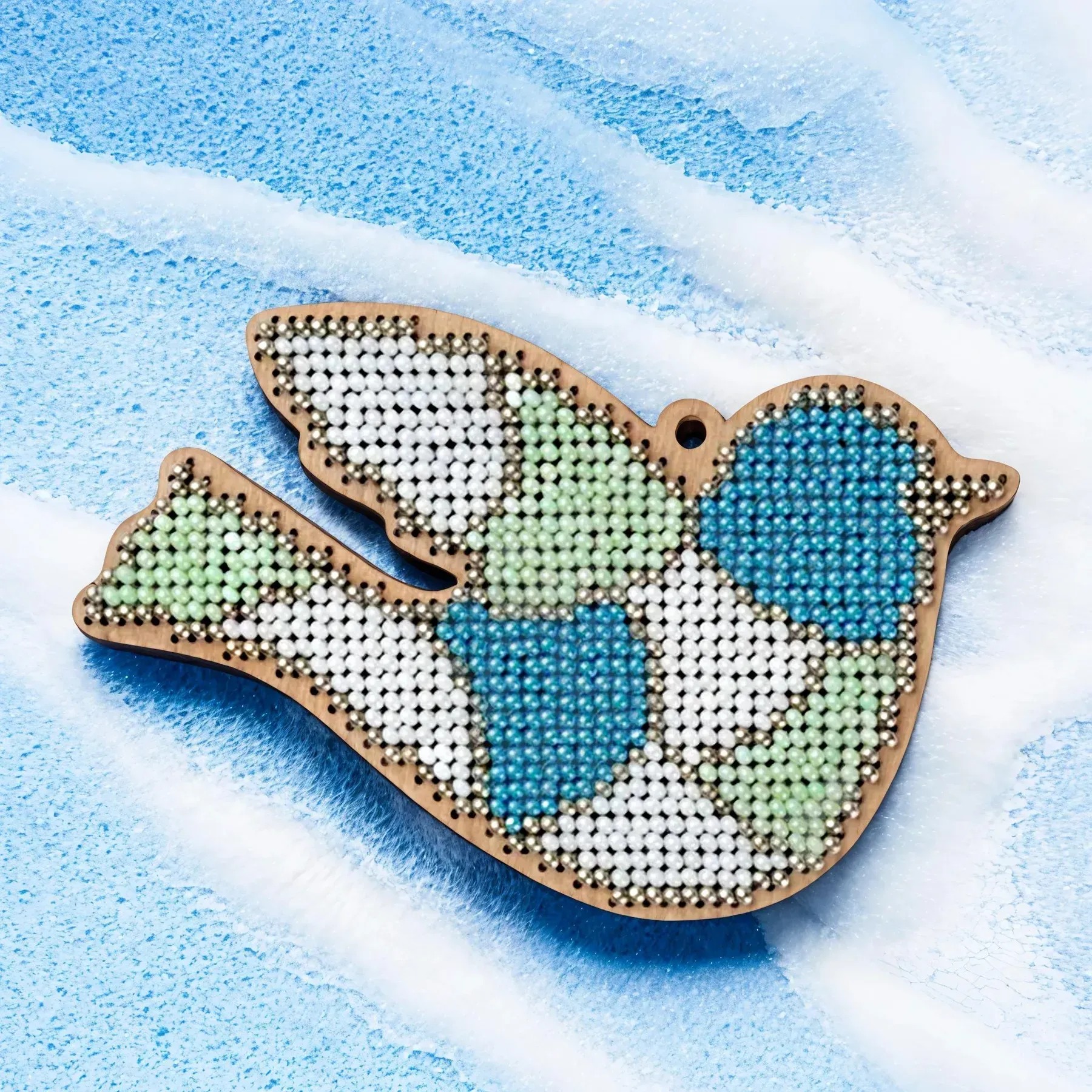 Stained Glass Bird - Wooden Ornament Bead Kit, zoomed in. Select this picture to zoom back out.