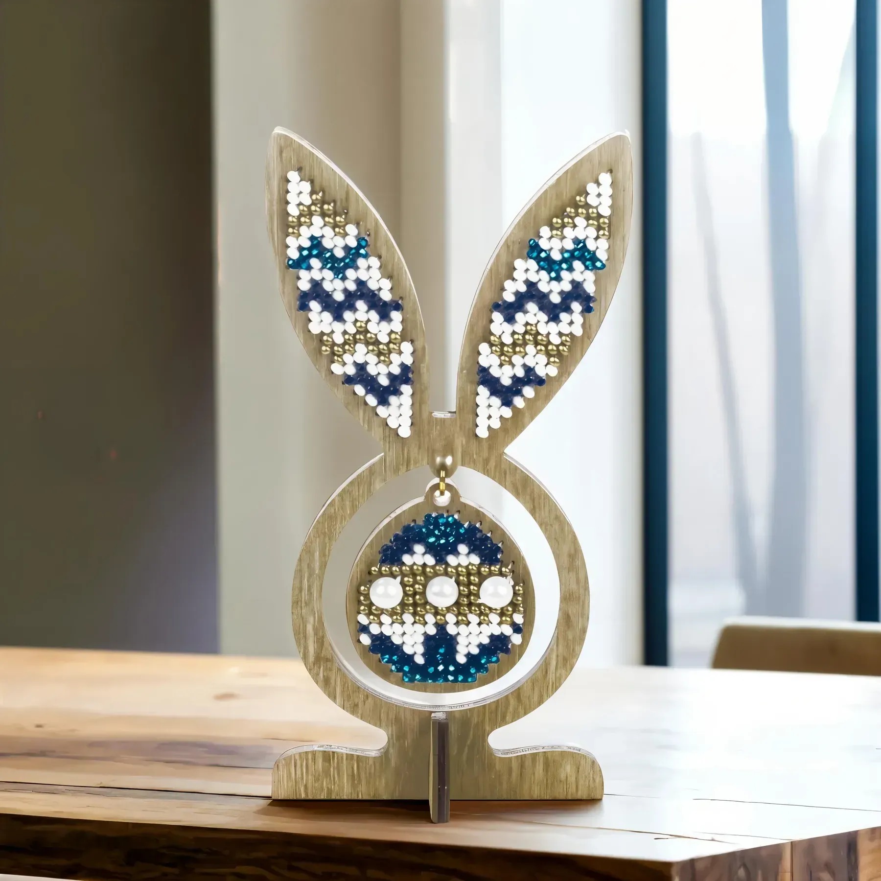 Egg with Ears - Blue Fairy Tale - Easter Wooden Bead Kit, zoomed in. Select this picture to zoom back out.