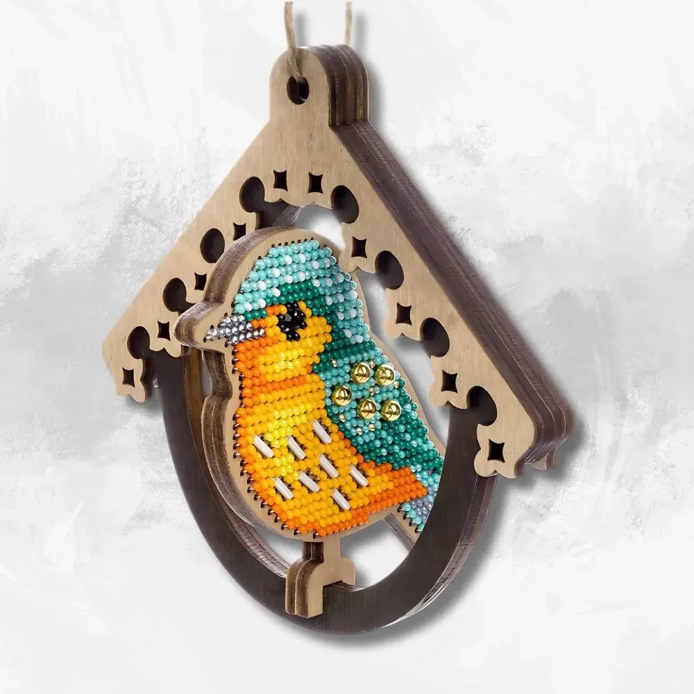Bird In Birdhouse - Wooden Ornament Bead Kit, zoomed in. Select this picture to zoom back out.