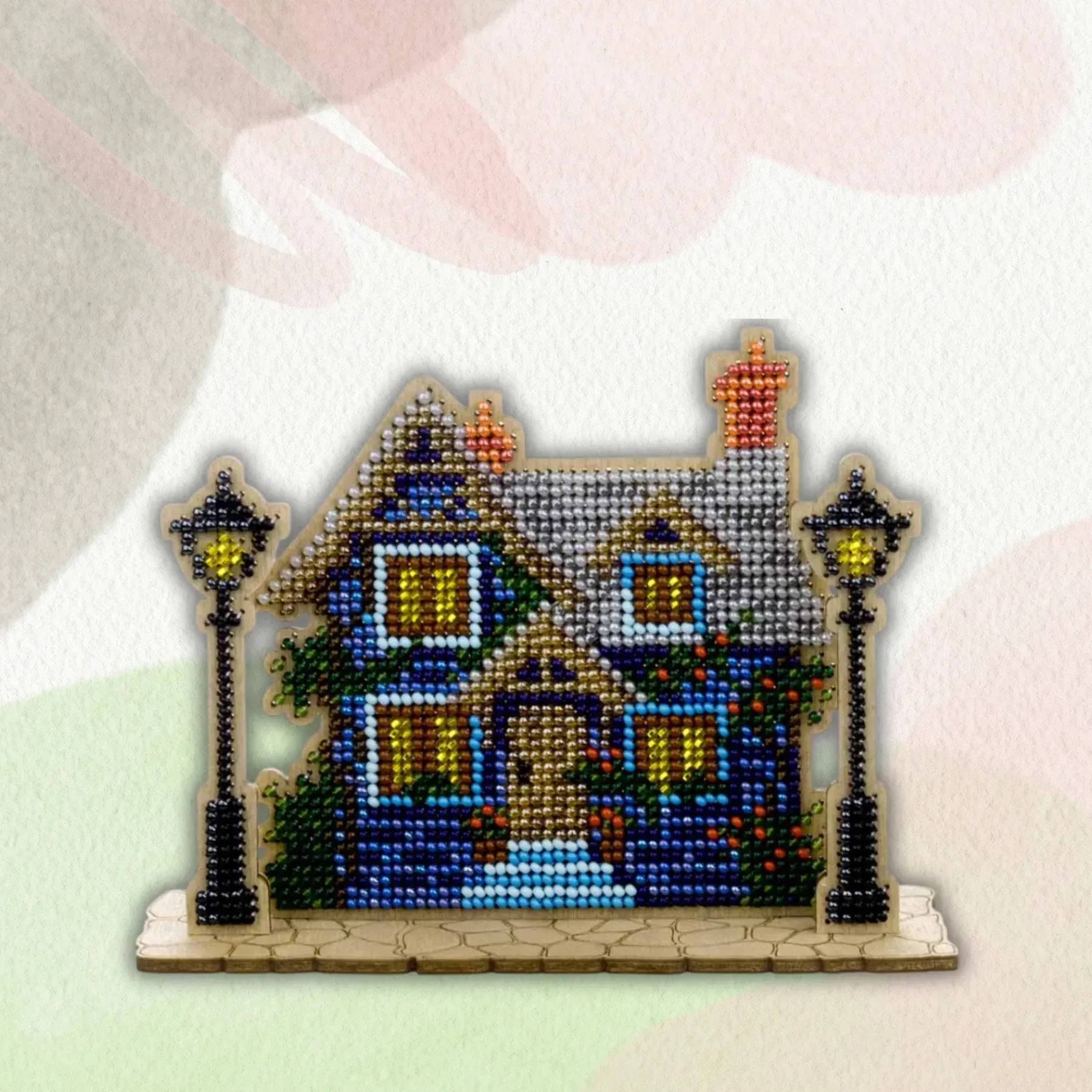 House With Lanterns - Wooden Bead Kit, zoomed in. Select this picture to zoom back out.