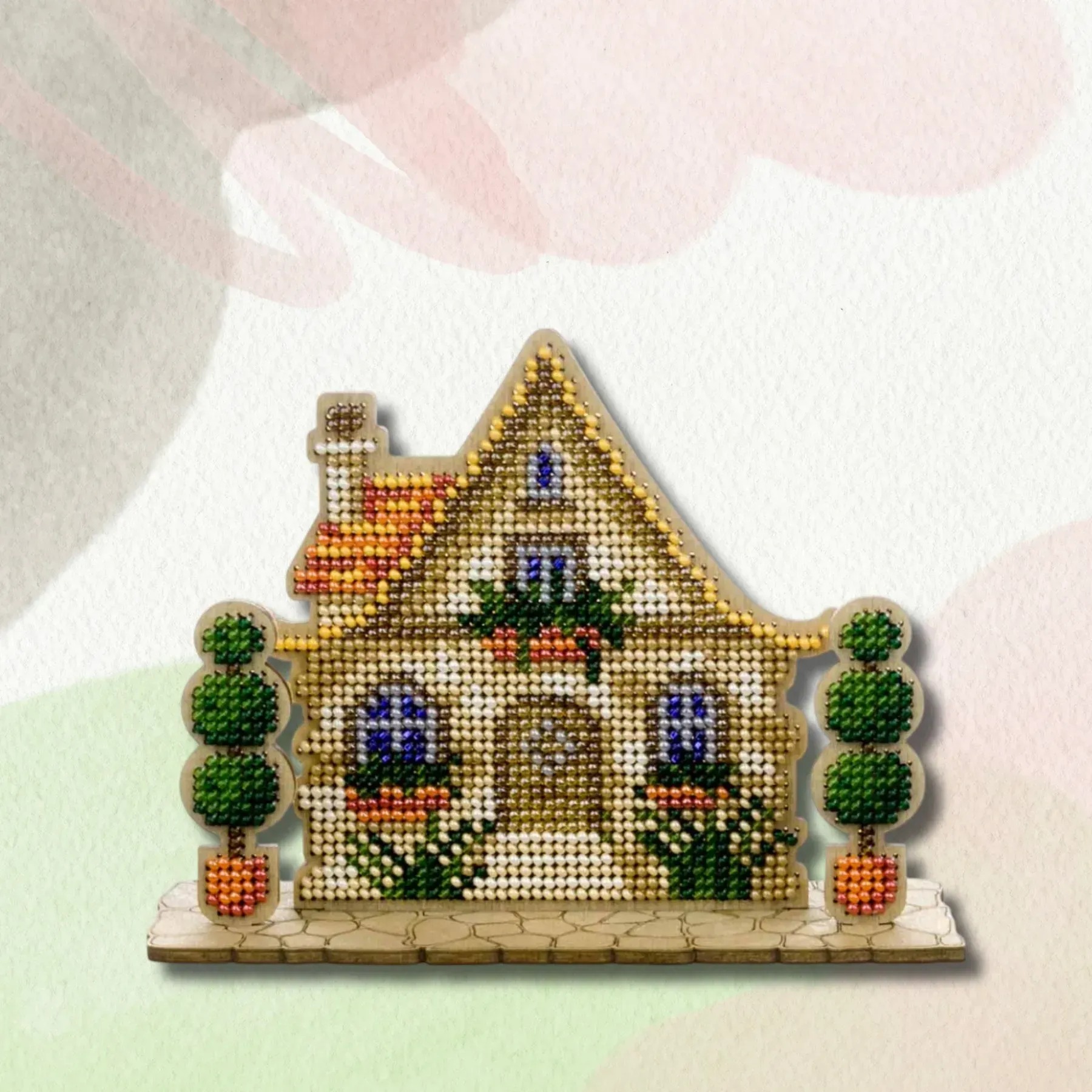 House With Topiary - Wooden Bead Kit, zoomed in. Select this picture to zoom back out.