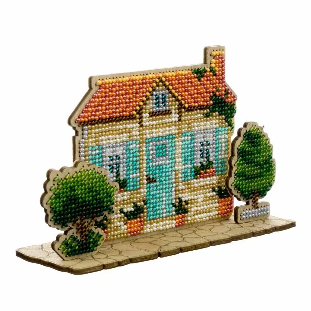 Turquoise House - Wooden Ornament Bead Kit, different perspective #1, zoomed in. Select this picture to zoom back out.