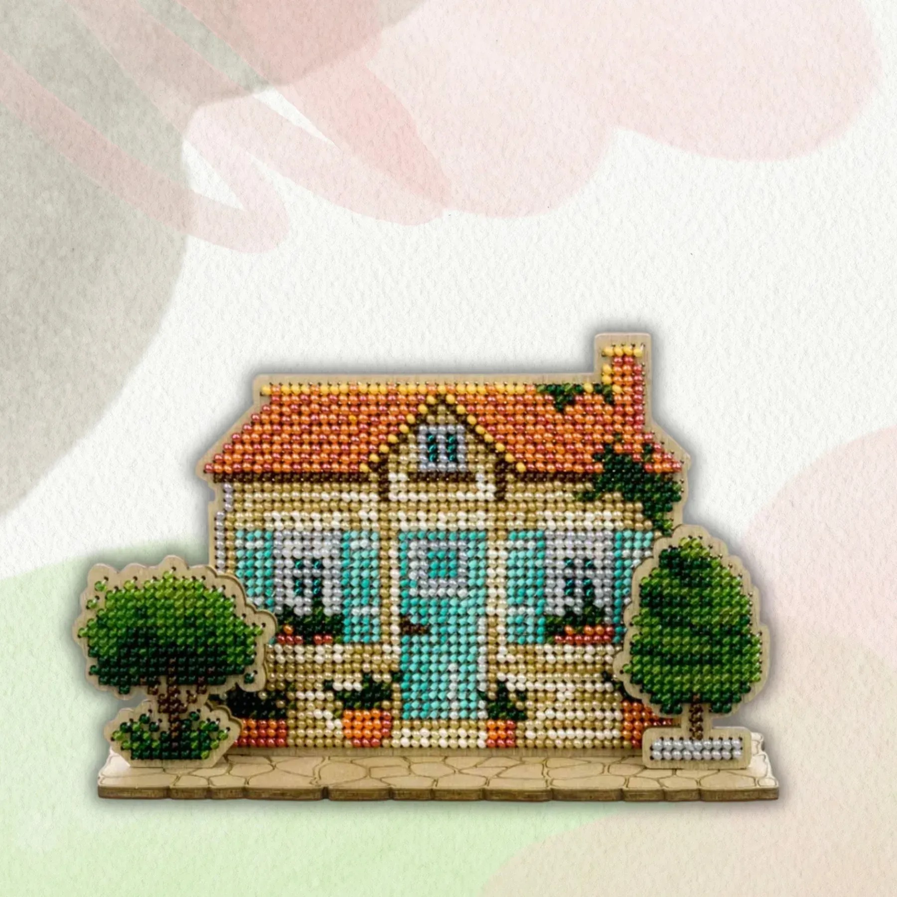 Turquoise House - Wooden Ornament Bead Kit, zoomed in. Select this picture to zoom back out.