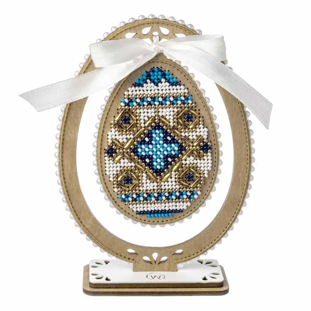 Easter Egg - Blue Geometric Ornament - Wooden Bead Kit, zoomed in. Select this picture to zoom back out.