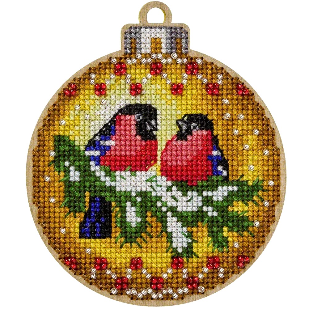 Bullfinches Christmas Ornament - Cross Stitch Kit, different perspective #1, zoomed in. Select this picture to zoom back out.