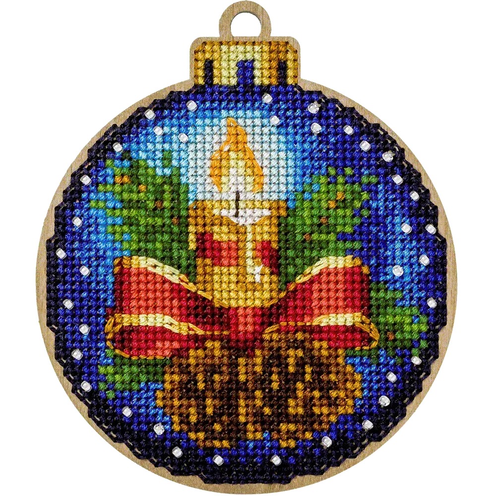 Christmas Candle Christmas Ornament - Cross Stitch Kit, different perspective #1, zoomed in. Select this picture to zoom back out.