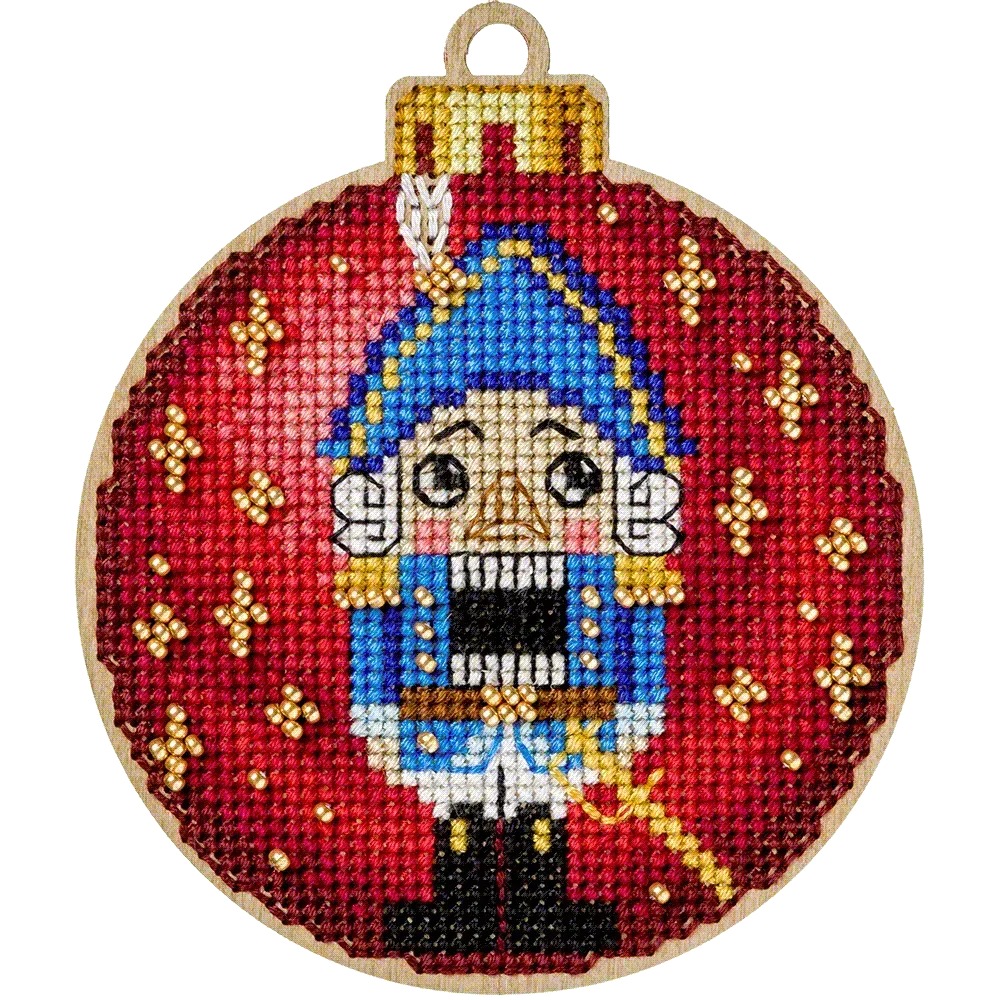 Nutcracker Christmas Ornament - Cross Stitch Kit, different perspective #1, zoomed in. Select this picture to zoom back out.