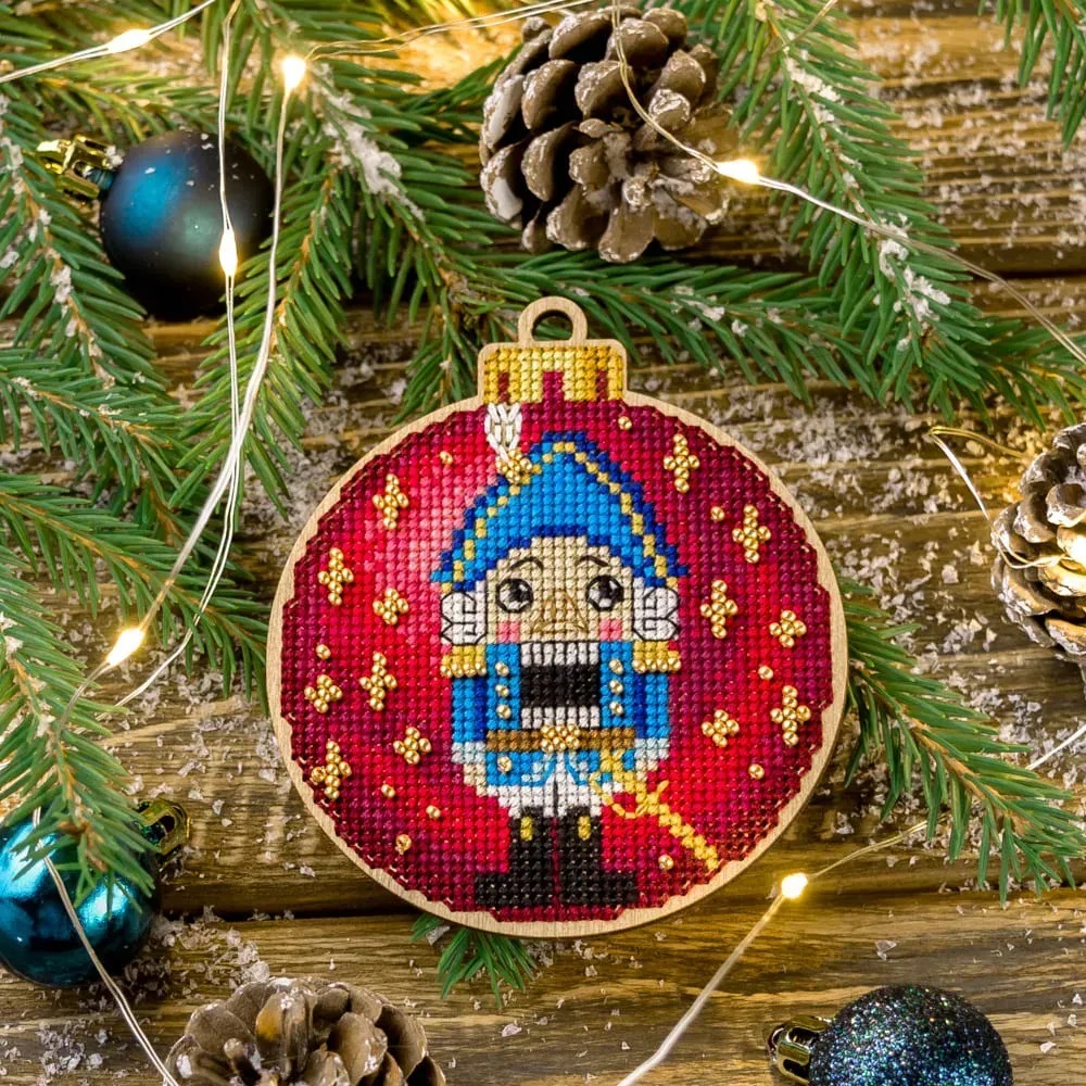 Nutcracker Christmas Ornament - Cross Stitch Kit, zoomed in. Select this picture to zoom back out.
