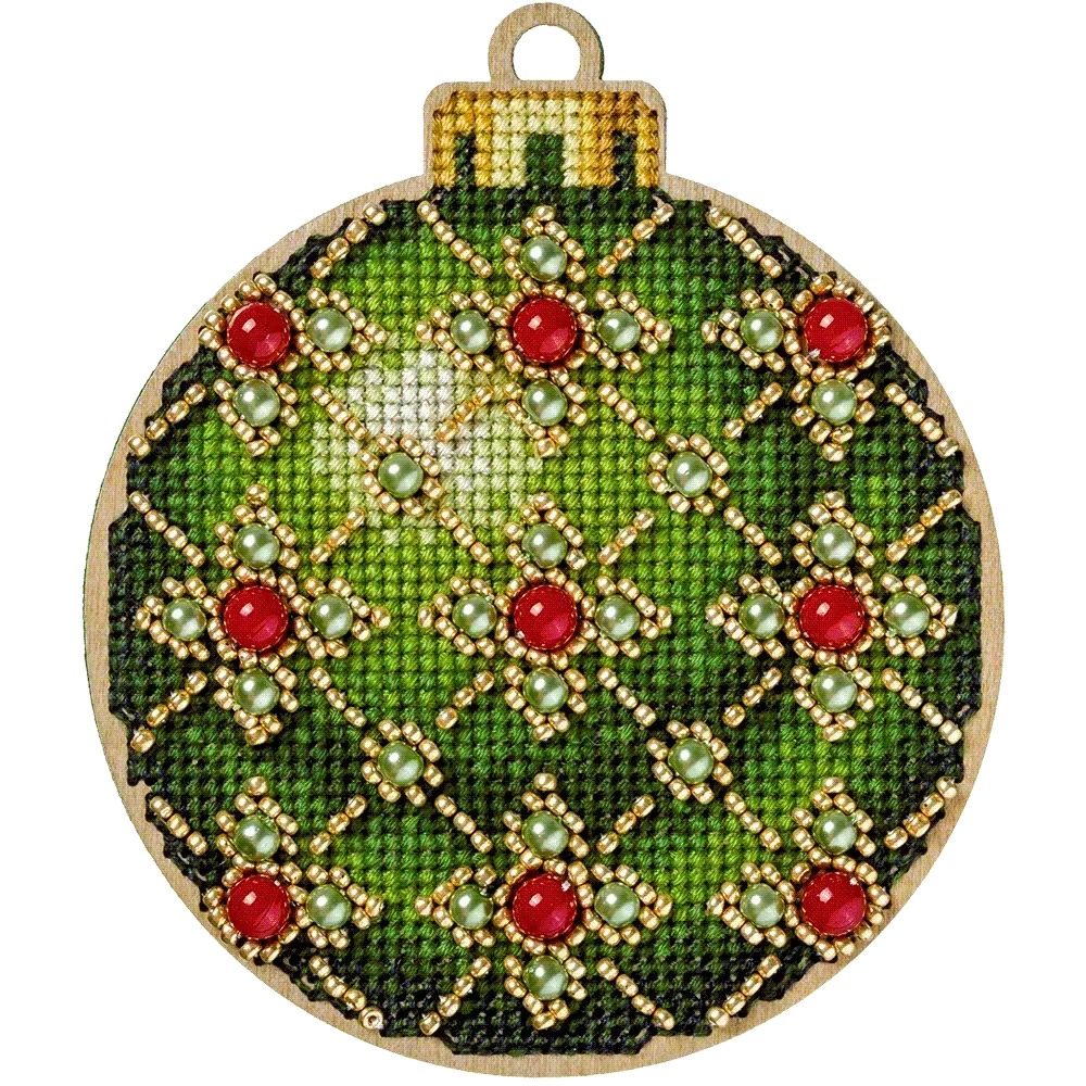 Green Christmas Ornament - Cross Stitch Kit, different perspective #1, zoomed in. Select this picture to zoom back out.