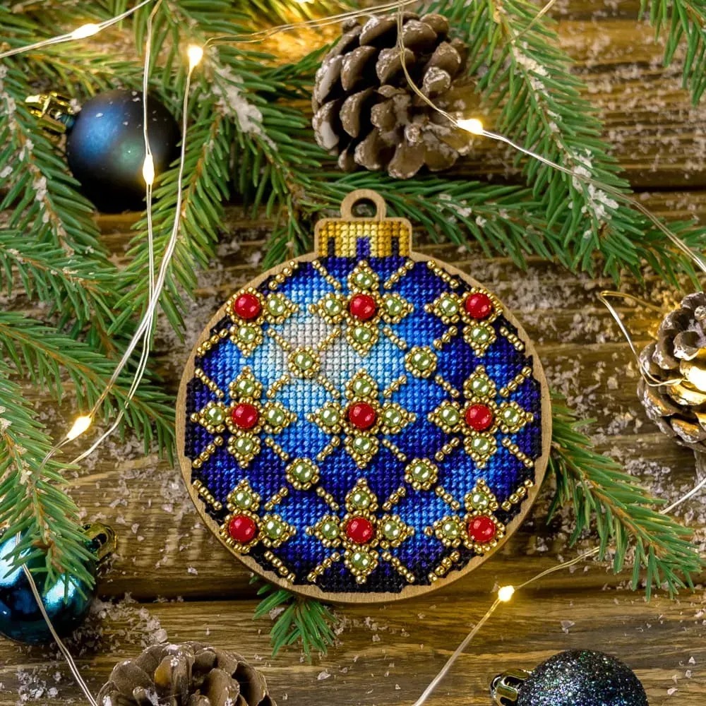Blue Christmas Ornament - Cross Stitch Kit, zoomed in. Select this picture to zoom back out.
