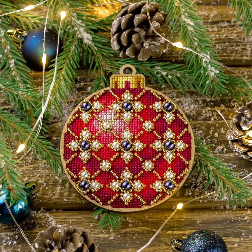 Red Christmas Ornament - Cross Stitch Kit, zoomed in. Select this picture to zoom back out.