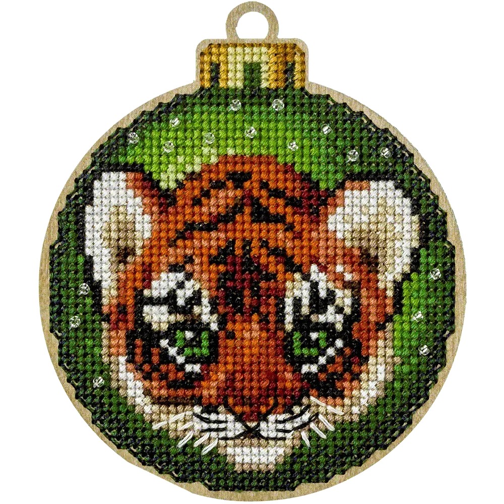 Tiger Cub Christmas Ornament - Cross Stitch Kit, different perspective #1, zoomed in. Select this picture to zoom back out.