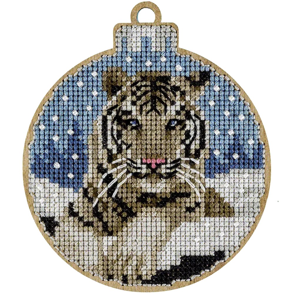 White Tiger Christmas Ornament - Cross Stitch Kit, different perspective #1, zoomed in. Select this picture to zoom back out.