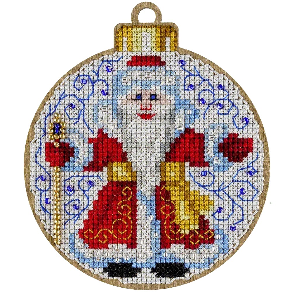 Ded Moroz Christmas Ornament - Cross Stitch Kit, different perspective #1, zoomed in. Select this picture to zoom back out.