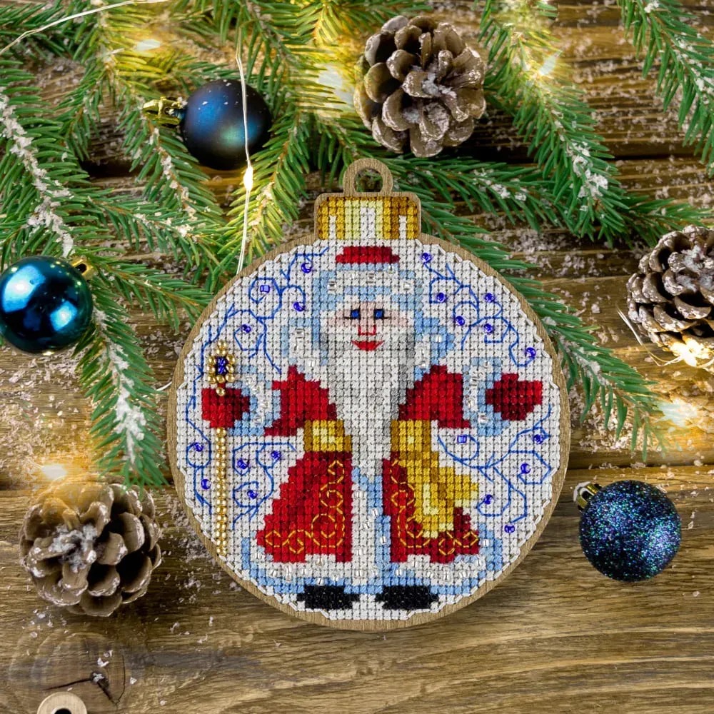 Ded Moroz Christmas Ornament - Cross Stitch Kit, zoomed in. Select this picture to zoom back out.