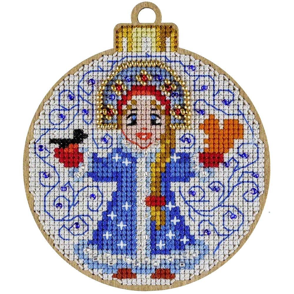 Snegurochka Christmas Ornament - Cross Stitch Kit, different perspective #1, zoomed in. Select this picture to zoom back out.
