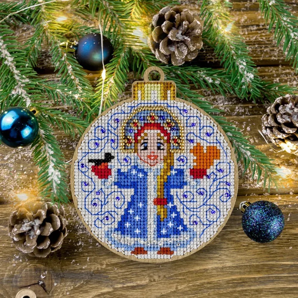 Snegurochka Christmas Ornament - Cross Stitch Kit, zoomed in. Select this picture to zoom back out.