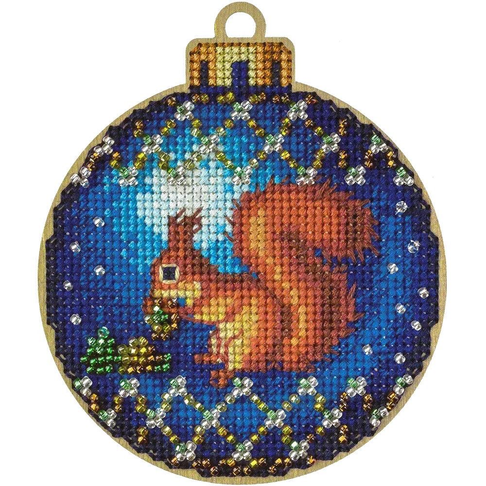 Squirrel Christmas Ornament - Cross Stitch Kit, different perspective #1, zoomed in. Select this picture to zoom back out.