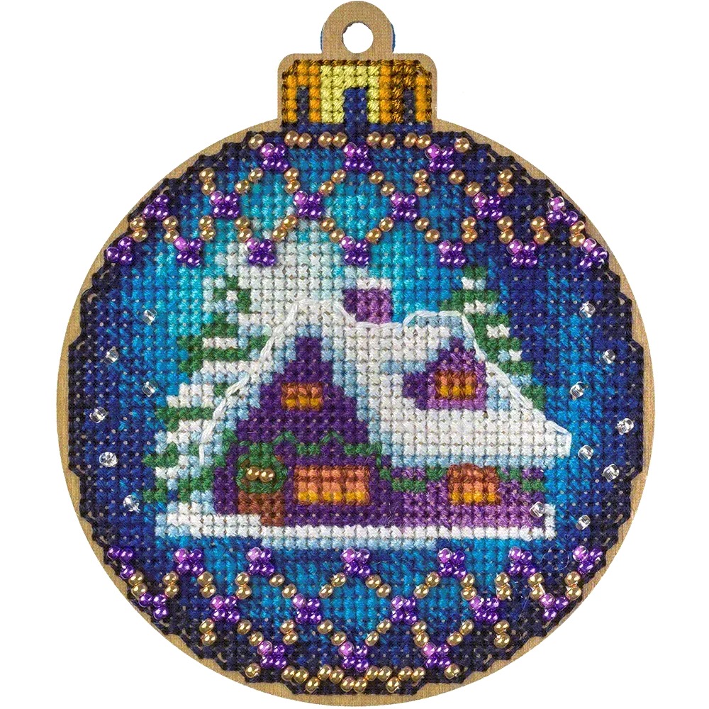 Winter House Christmas Ornament - Cross Stitch Kit, different perspective #1, zoomed in. Select this picture to zoom back out.