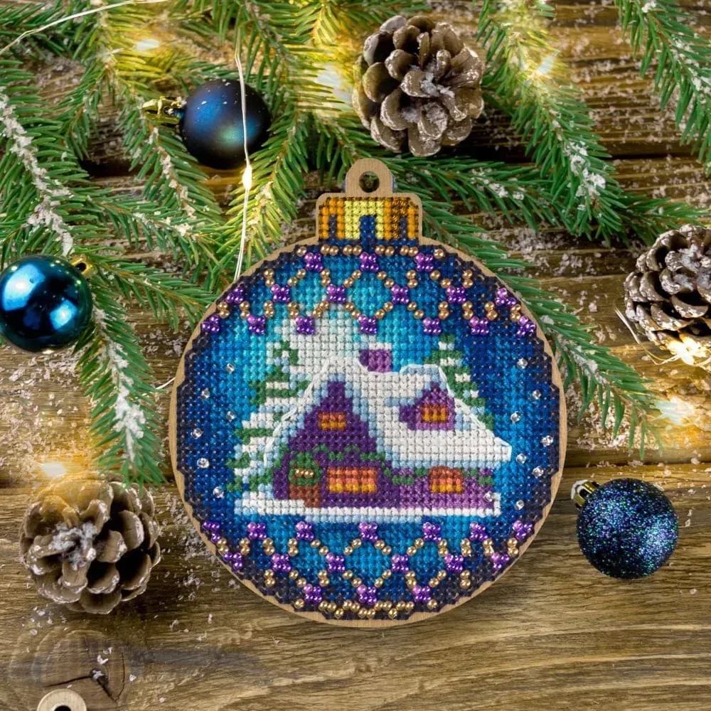 Winter House Christmas Ornament - Cross Stitch Kit, zoomed in. Select this picture to zoom back out.