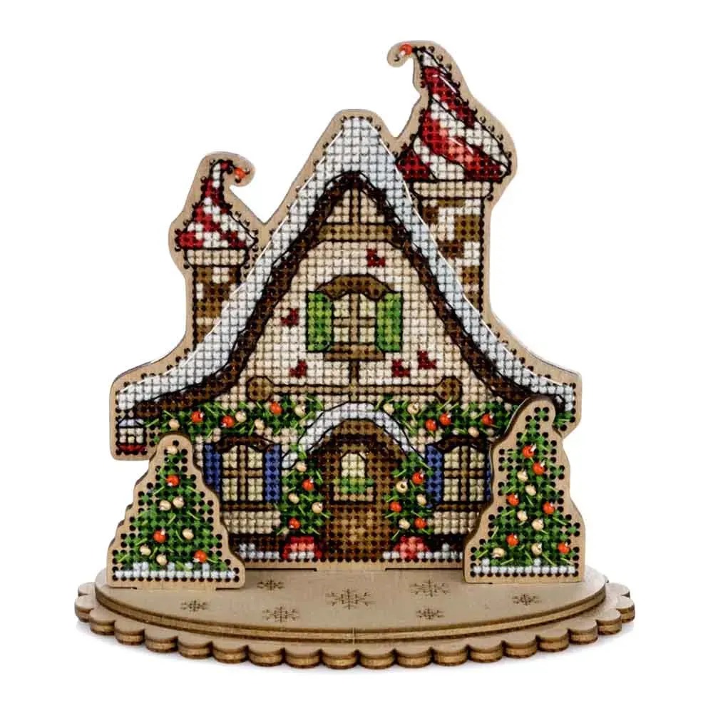 Winter Cottage - Christmas Wooden Cross Stitch Kit, different perspective #1, zoomed in. Select this picture to zoom back out.