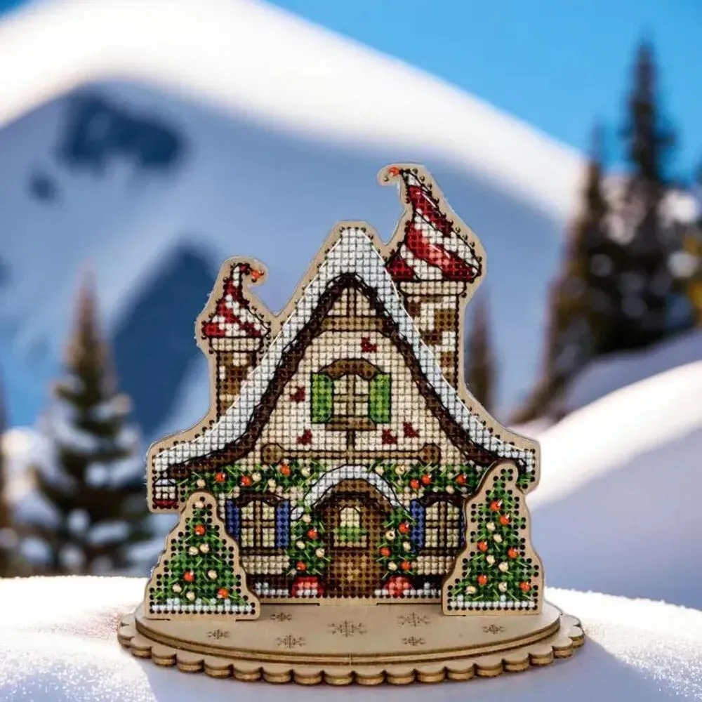 Winter Cottage - Christmas Wooden Cross Stitch Kit, zoomed in. Select this picture to zoom back out.