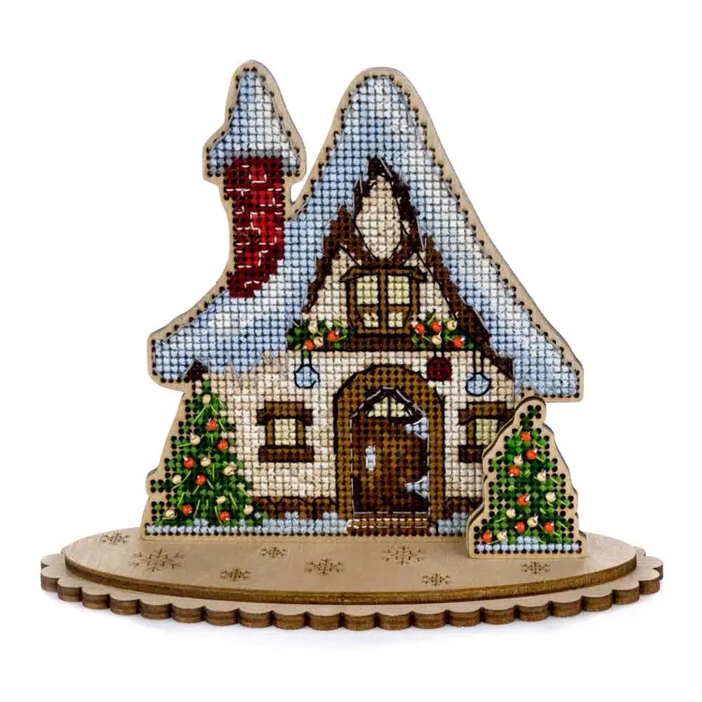 Christmas Cottage - Wooden Cross Stitch Kit, different perspective #1, zoomed in. Select this picture to zoom back out.