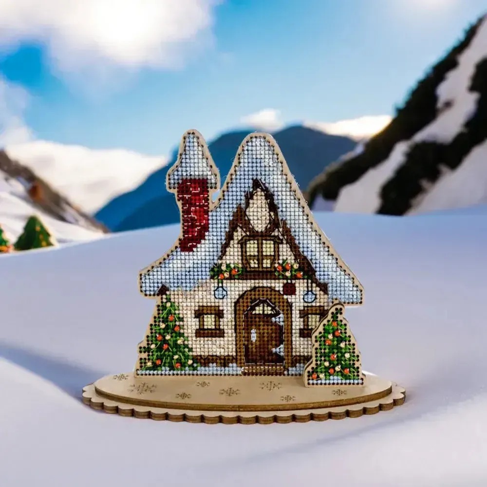 Christmas Cottage - Wooden Cross Stitch Kit, zoomed in. Select this picture to zoom back out.