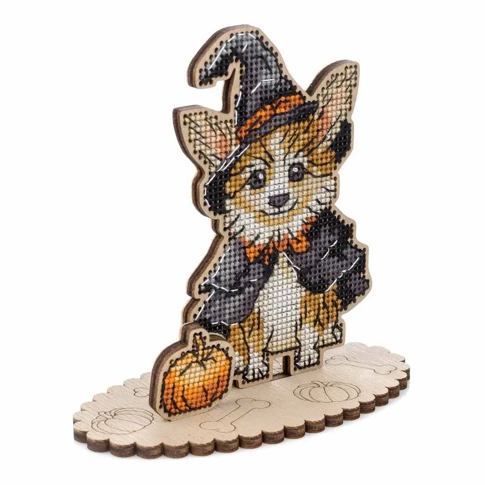 Halloween Corgi - Cross Stitch Kit, different perspective #1, zoomed in. Select this picture to zoom back out.