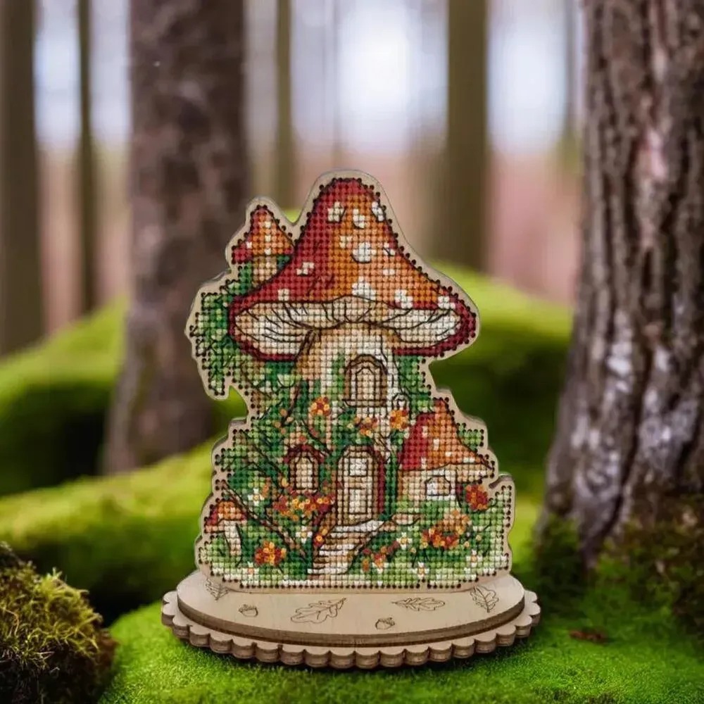 Mushroom House - Cross Stitch Kit, zoomed in. Select this picture to zoom back out.