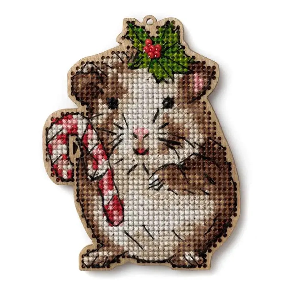 Hamster With Candycane Christmas Ornament - Cross Stitch Kit, different perspective #1, zoomed in. Select this picture to zoom back out.