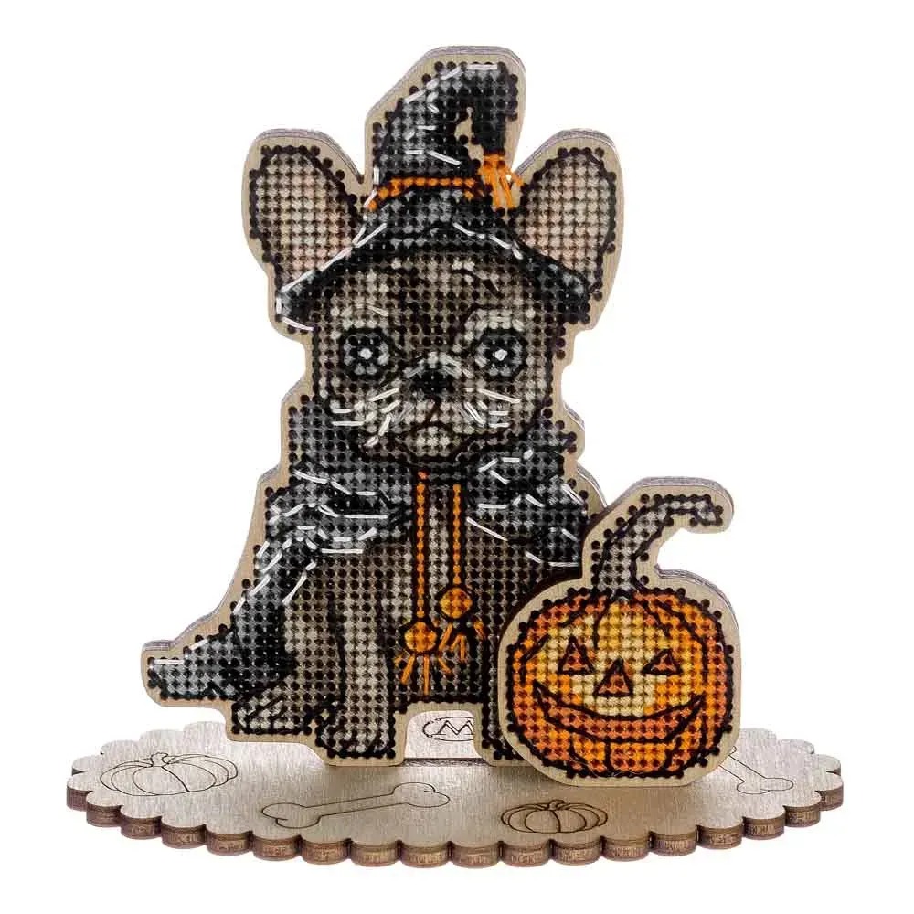 Halloween French Bulldog - Wooden Cross Stitch Kit, different perspective #1, zoomed in. Select this picture to zoom back out.