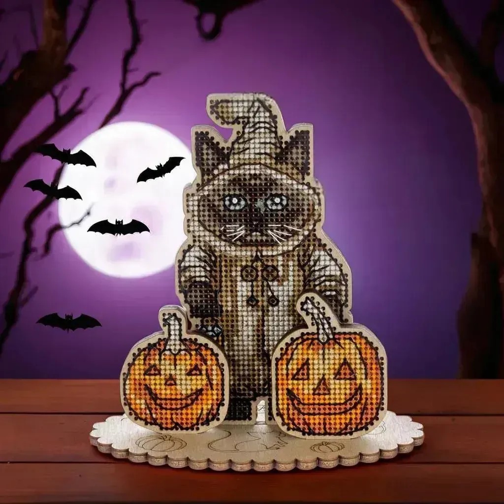 Halloween Siamese Cat - Cross Stitch Kit, zoomed in. Select this picture to zoom back out.