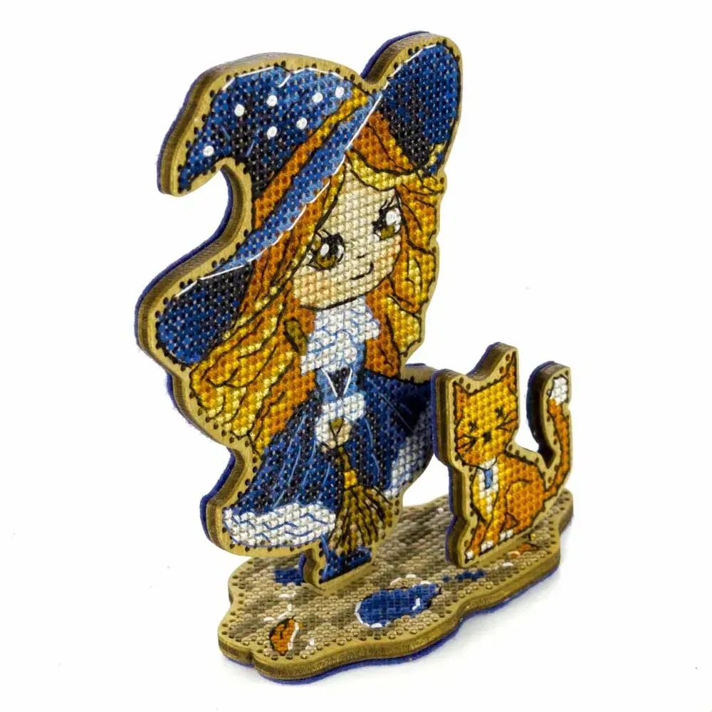 Little Witch In Blue - Halloween Cross Stitch Kit, different perspective #1, zoomed in. Select this picture to zoom back out.