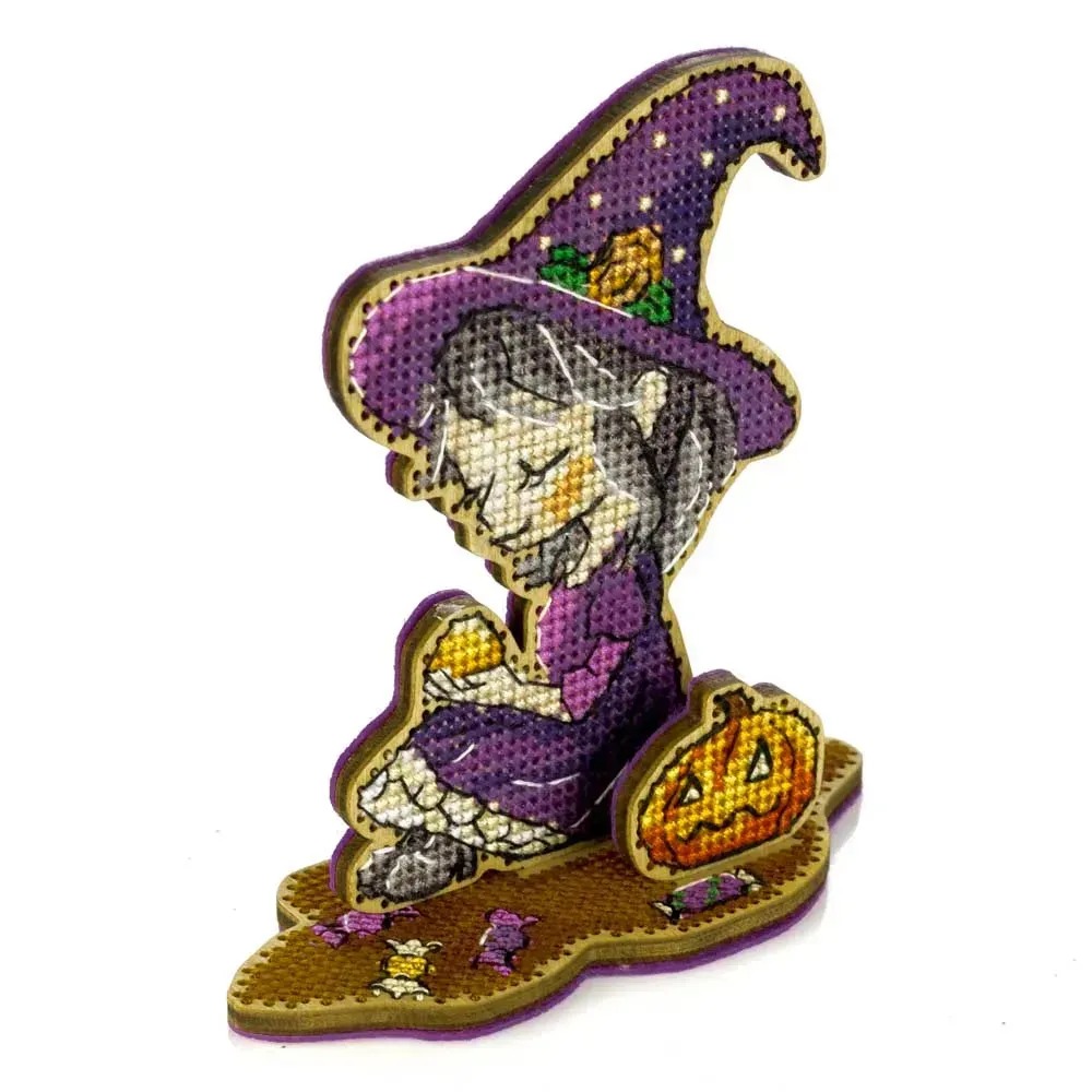 Little Witch In Purple - Halloween Cross Stitch Kit, different perspective #1, zoomed in. Select this picture to zoom back out.