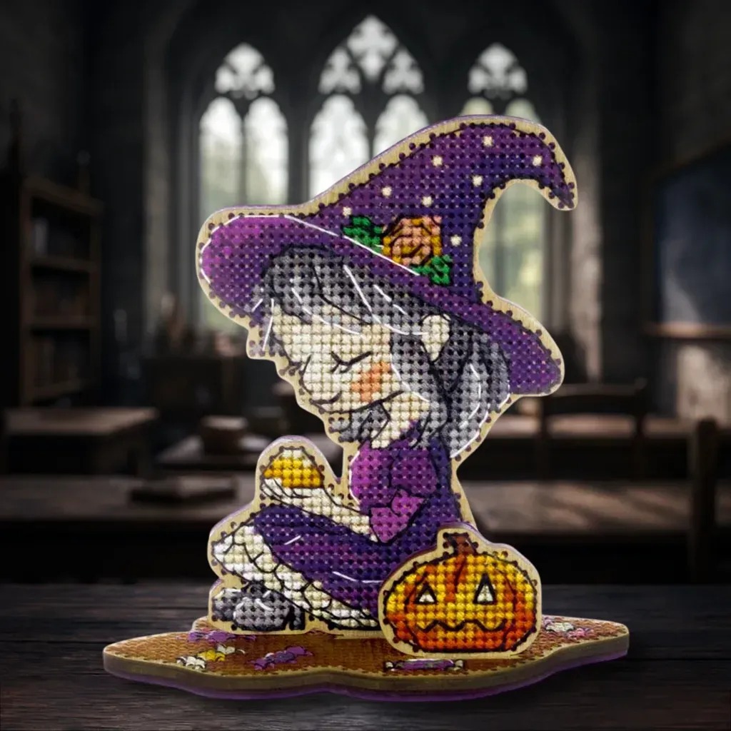 Little Witch In Purple - Halloween Cross Stitch Kit, zoomed in. Select this picture to zoom back out.