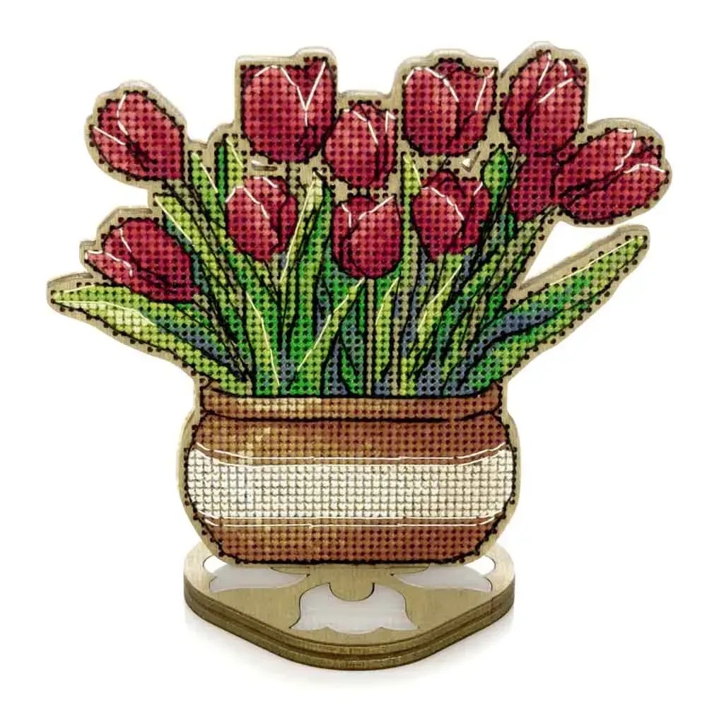 Tulips - Wooden Cross Stitch Kit, different perspective #1, zoomed in. Select this picture to zoom back out.