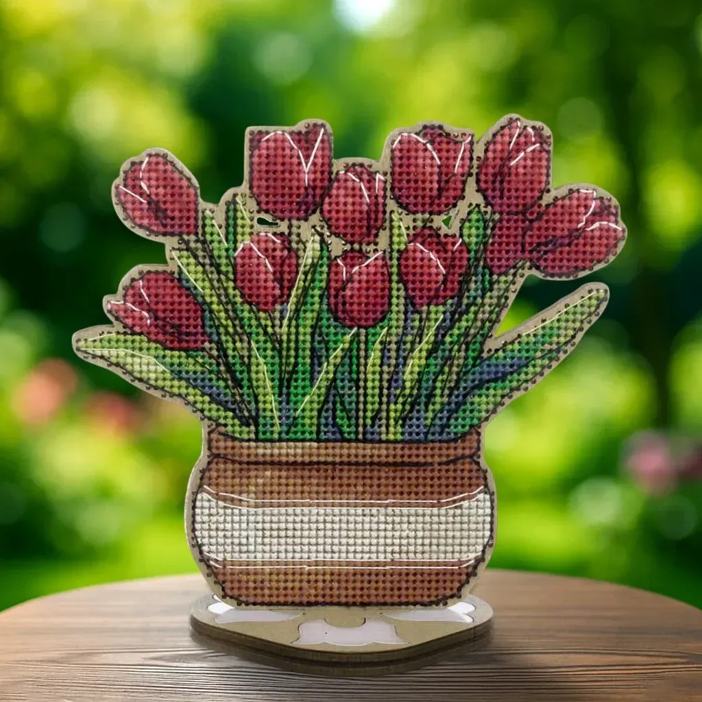 Tulips - Wooden Cross Stitch Kit, zoomed in. Select this picture to zoom back out.