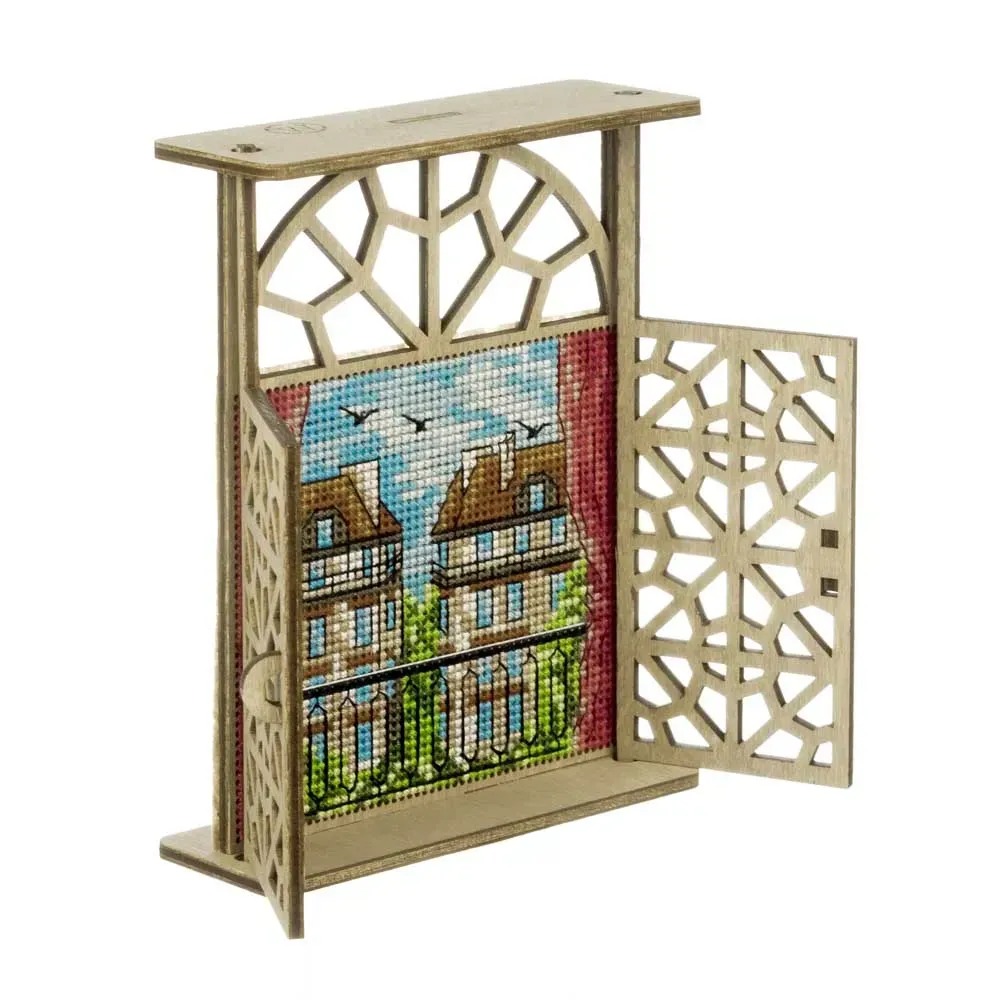 Balcony in Paris - Cross Stitch Kit, different perspective #1, zoomed in. Select this picture to zoom back out.