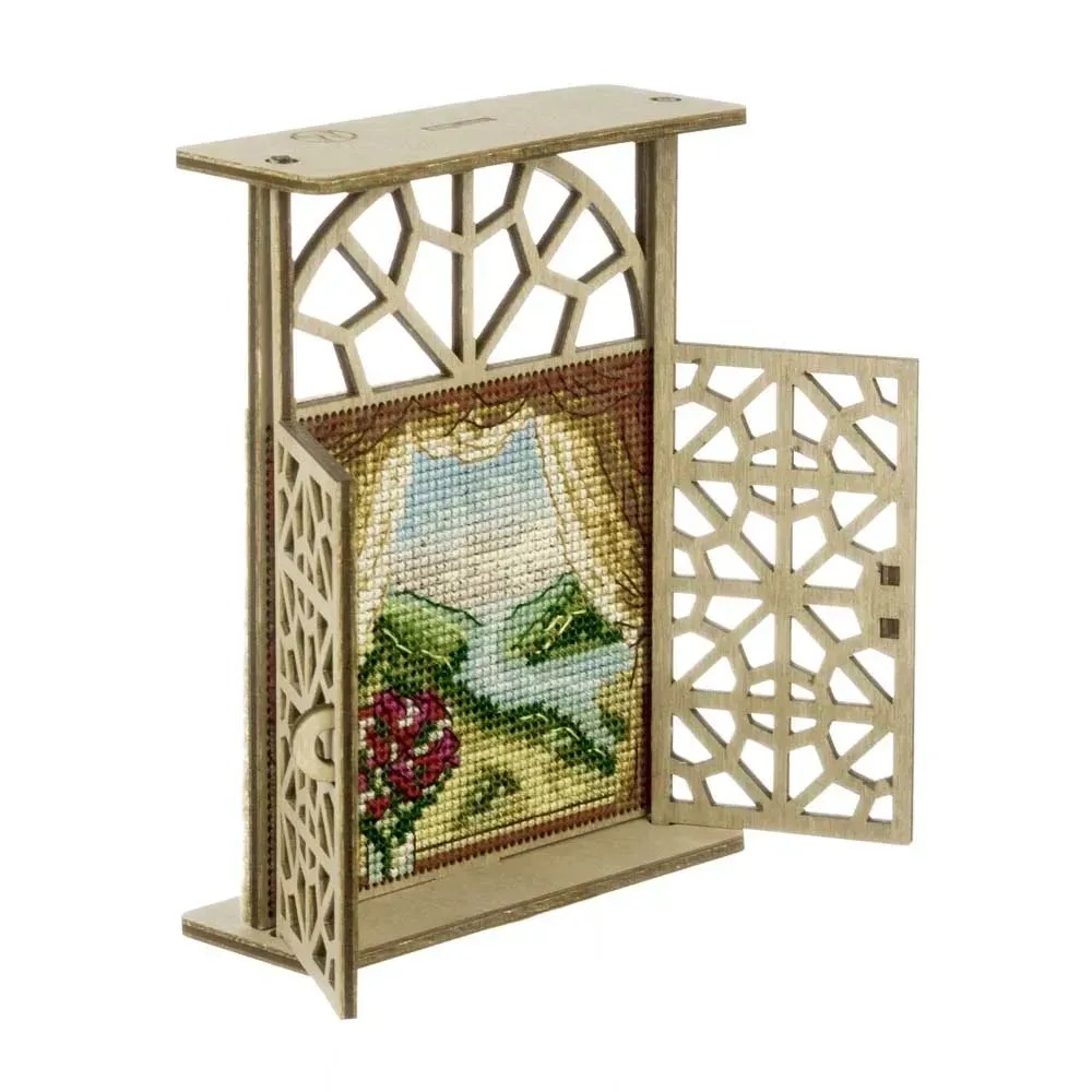 Quiet Beyond the Curtains - Cross Stitch Kit, different perspective #1, zoomed in. Select this picture to zoom back out.