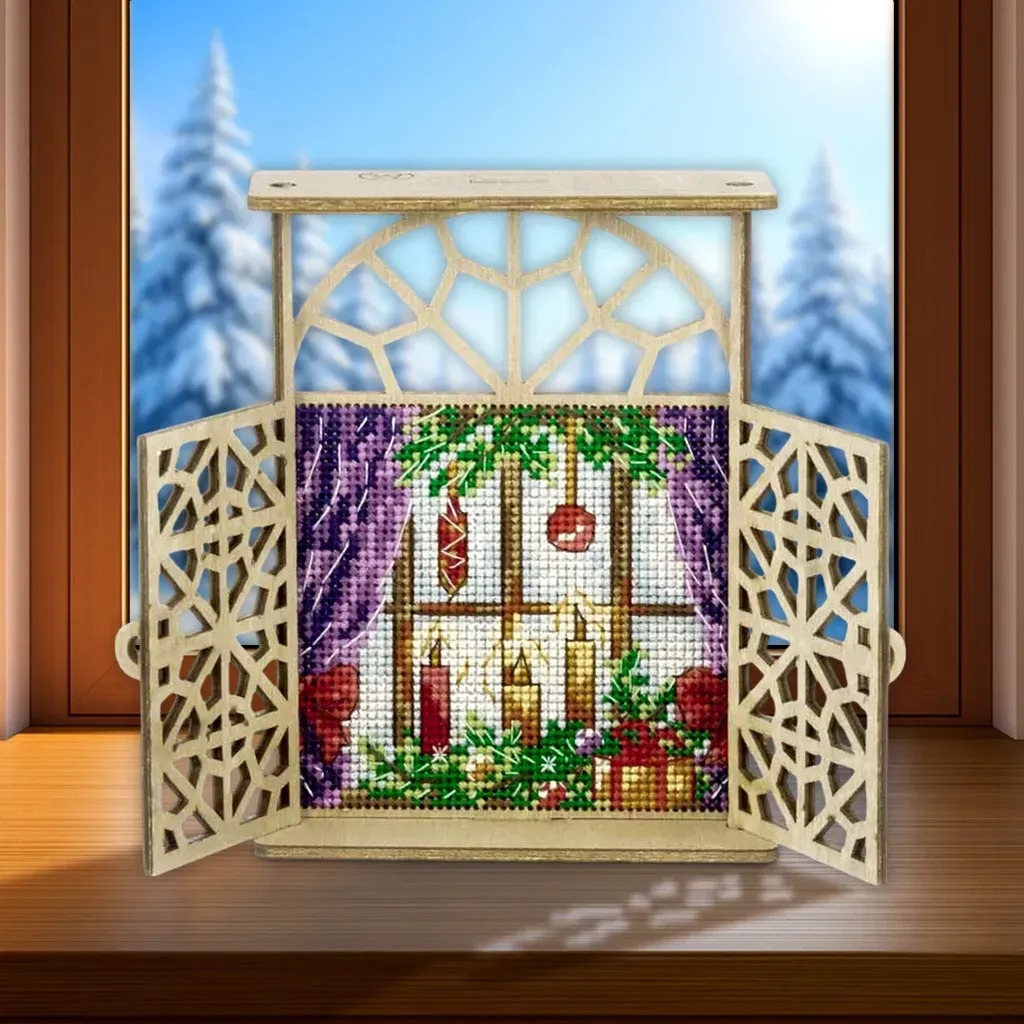 Festive Windowsill - Cross Stitch Kit, zoomed in. Select this picture to zoom back out.