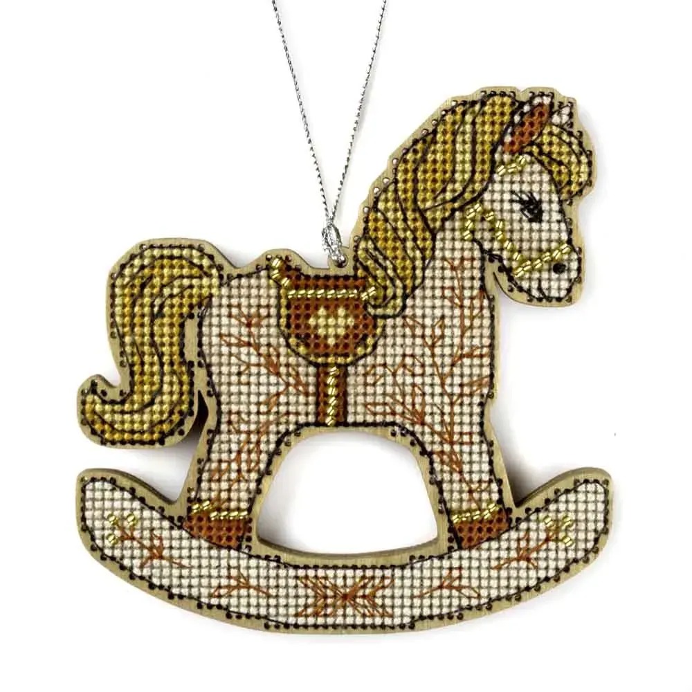Rocking Horse Christmas Ornament - Cross Stitch Kit, different perspective #1, zoomed in. Select this picture to zoom back out.