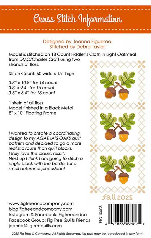 Agatha's Acorns - Cross Stitch Pattern, different perspective #1, zoomed in. Select this picture to zoom back out.