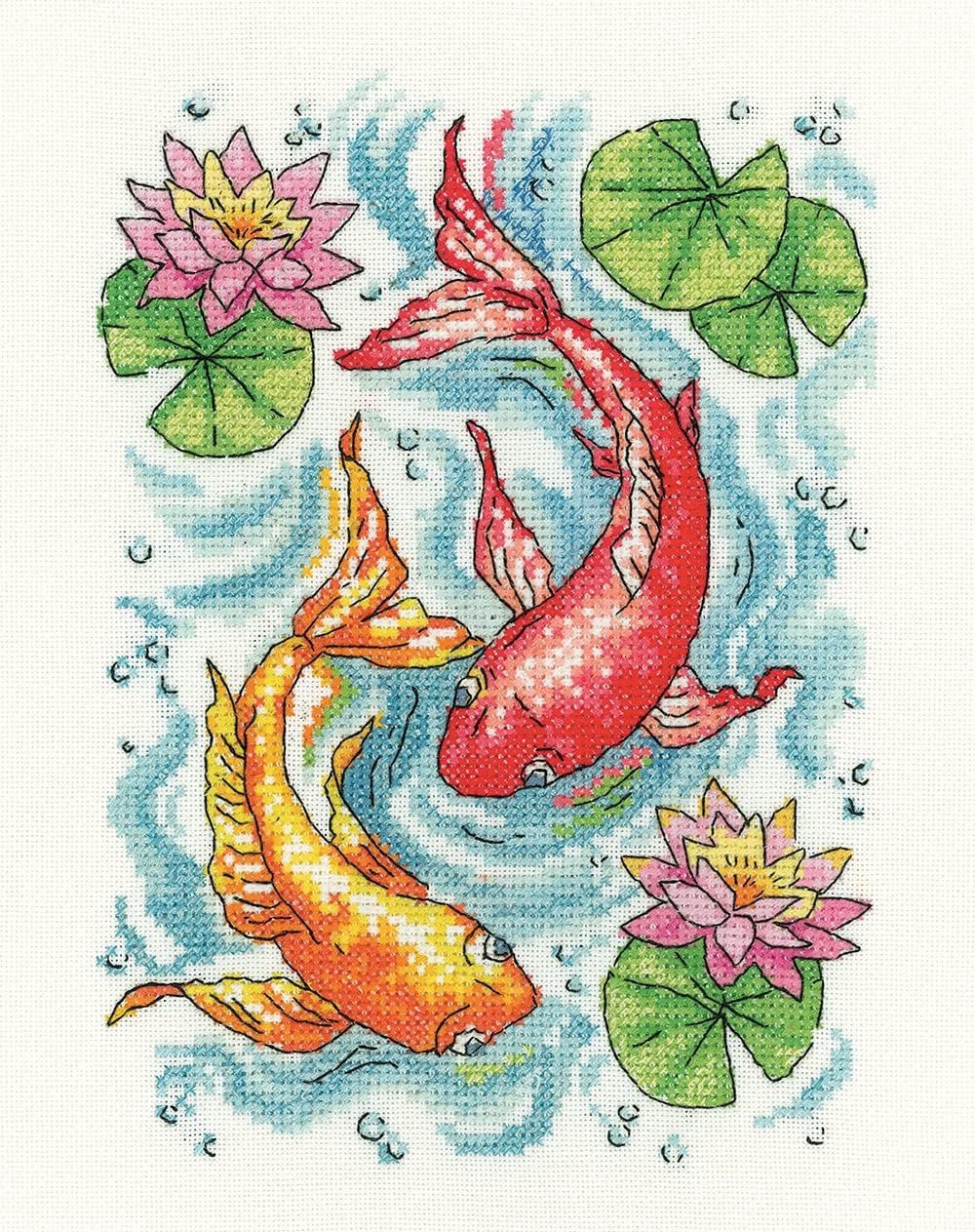 Fish Pond - Karen Carter Collection - Cross Stitch Pattern, zoomed in. Select this picture to zoom back out.