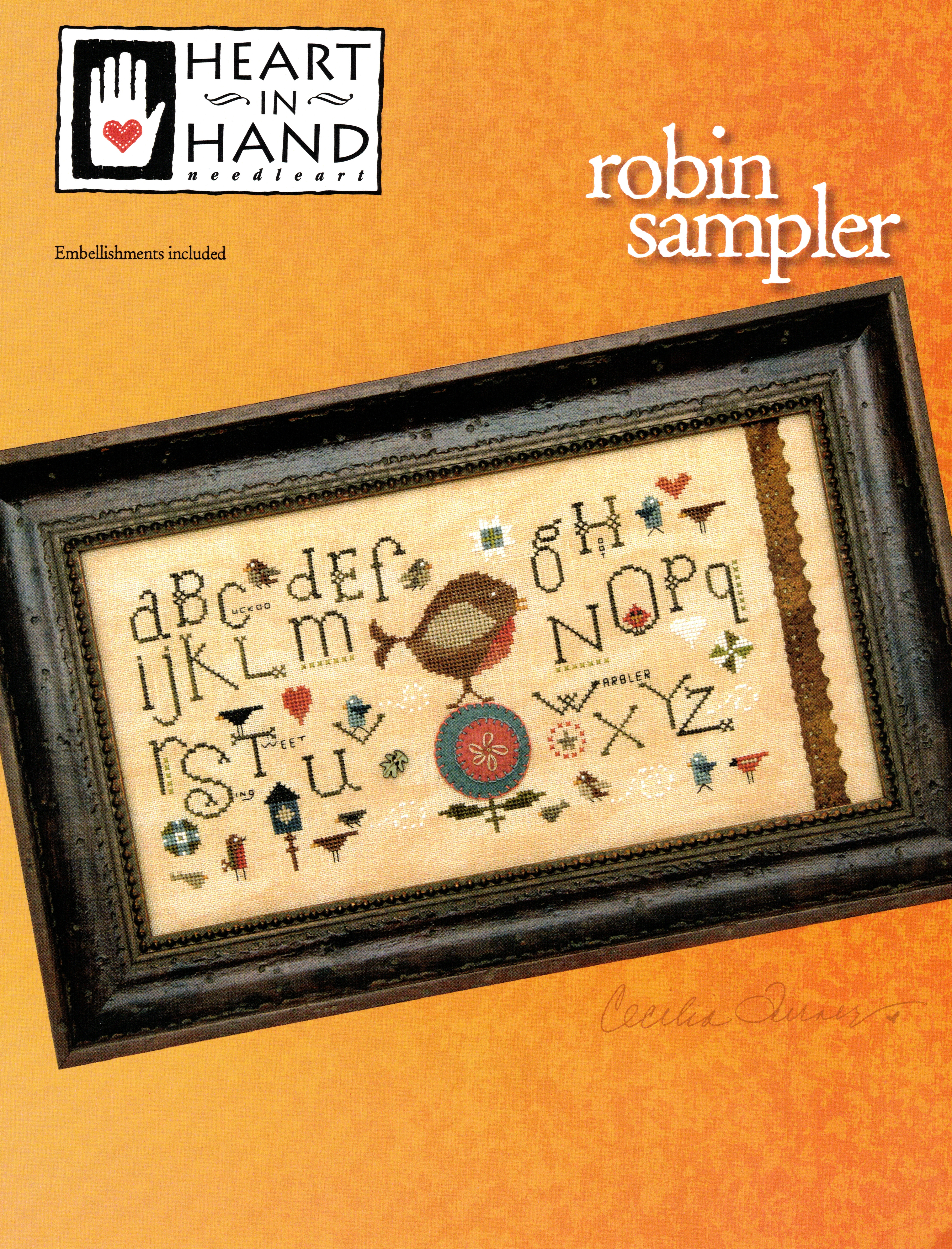 Robin Sampler (with button & wool circles) - Cross Stitch