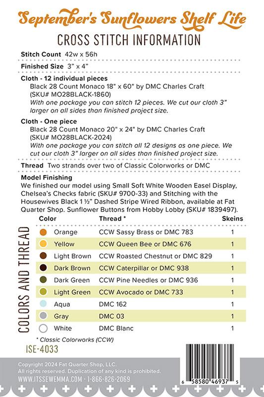 Shelf Life September's Sunflowers - Cross Stitch Pattern