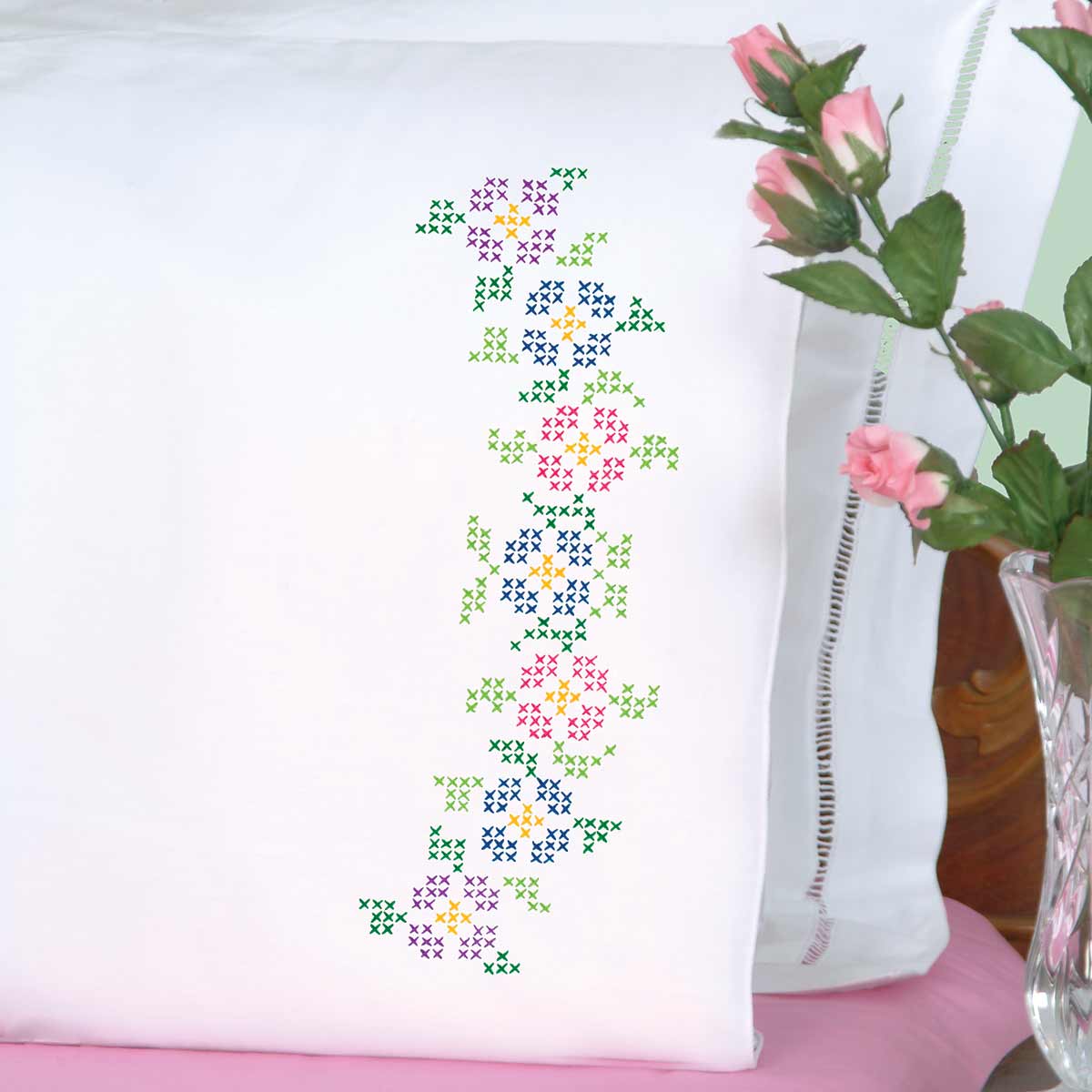Cross-Stitch Flowers Perle Edge Pillowcases - Embroidery Kit, zoomed in. Select this picture to zoom back out.
