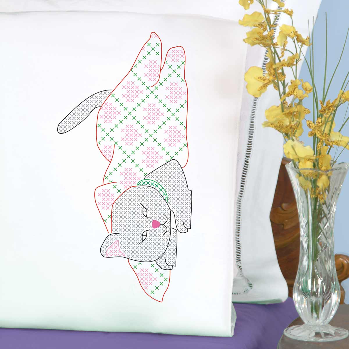 Cat in a Blanket Perle Edge Pillowcases - Embroidery Kit, zoomed in. Select this picture to zoom back out.