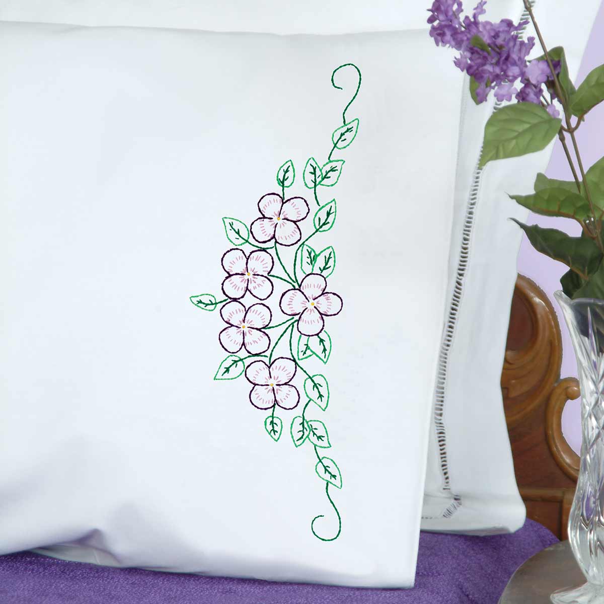 Forget Me Knots Perle Edge Pillowcases - Embroidery Kit, zoomed in. Select this picture to zoom back out.