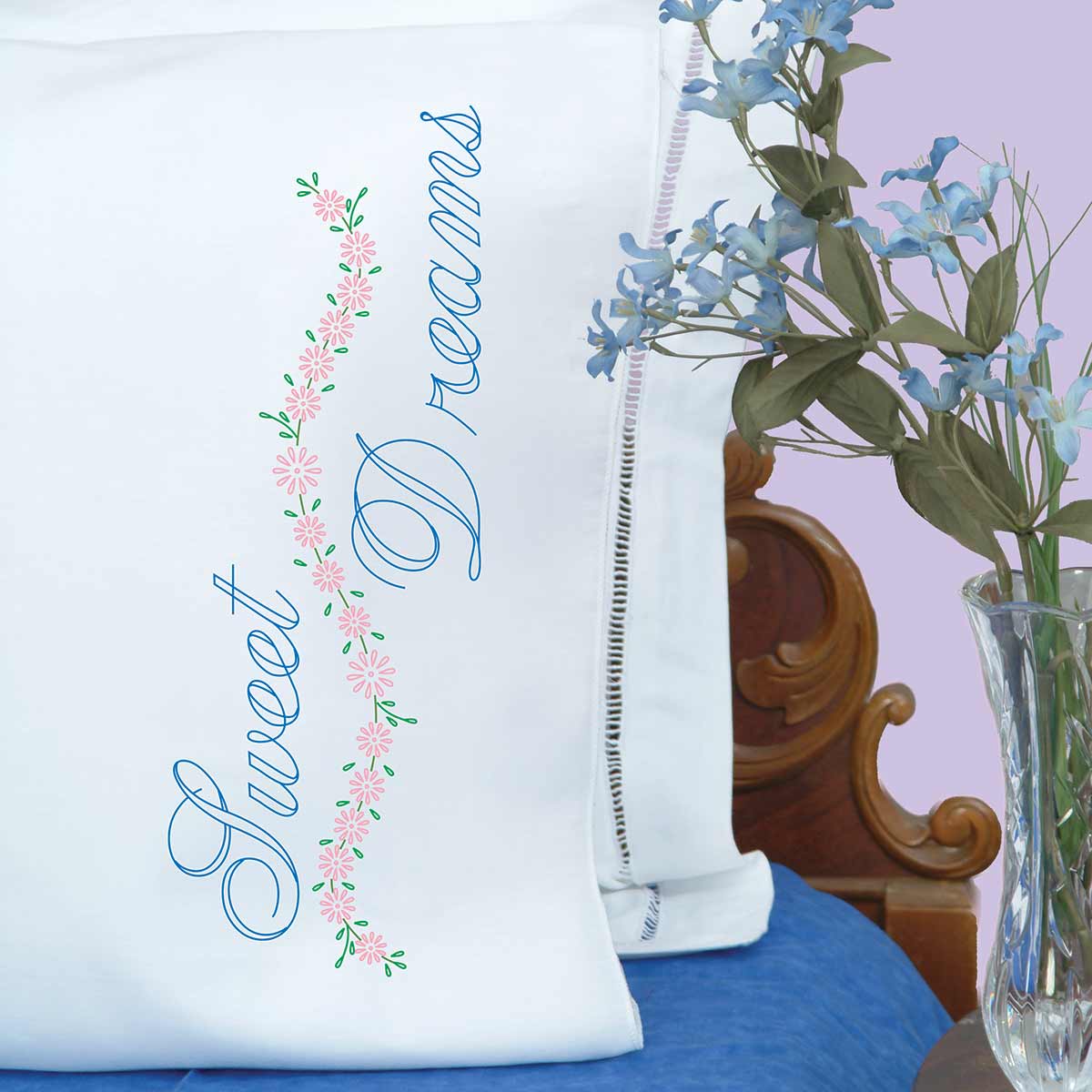 Sweet Dreams Perle Edge Pillowcases - Embroidery Kit, zoomed in. Select this picture to zoom back out.